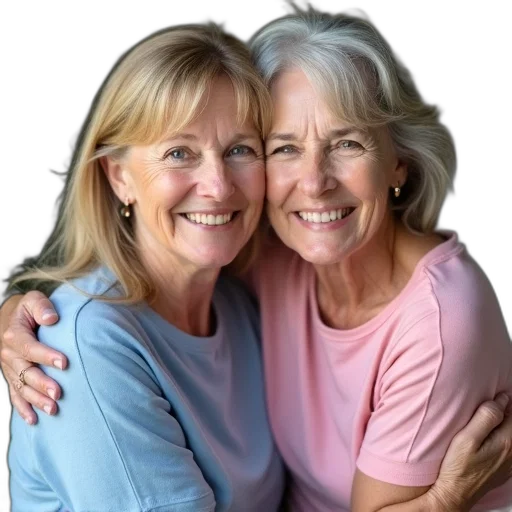 jewelry, face, woman, blonde, hair, hugging, elderly, grey transparent PNG cut-out