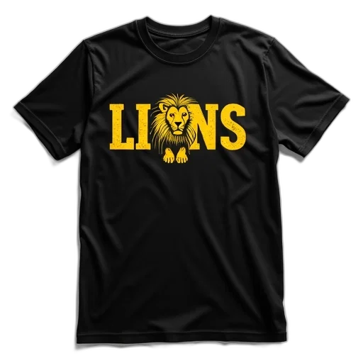 black, t-shirt, word, lions, yellow, lion, graphic, center transparent PNG cut-out