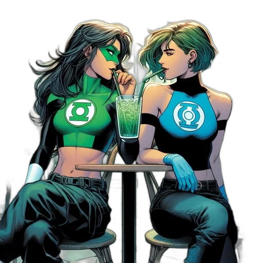 comic book art, concept art, green, two, female, superheroes, one, black transparent PNG cut-out