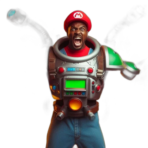 robot, staff, weapon, concept art, 3d render, pixel art, comic book art, mario transparent PNG cut-out
