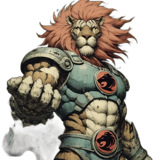 comic book art, concept art, fantasy art, 3d render, armored, lion, stands, defiantly transparent PNG cut-out