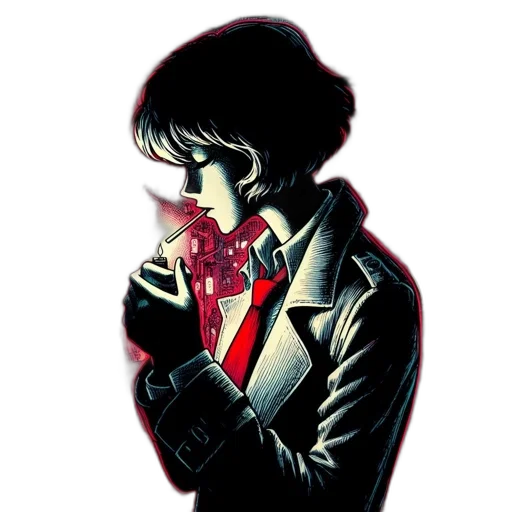 jacket, mask, comic book art, concept art, cartoon, cyberpunk, red, dimly transparent PNG cut-out