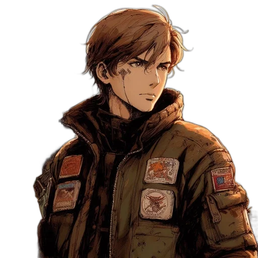 jacket, face, concept art, comic book art, pixel art, cartoon, earth tones, golden transparent PNG cut-out