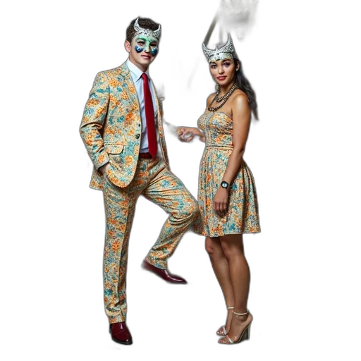 mask, dress, man, woman, standing, metal, staircase, inside transparent PNG cut-out