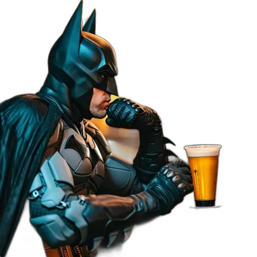 comic book art, concept art, batman, sits, alone, dimly, lit, bar transparent PNG cut-out