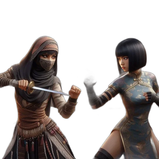 concept art, 3d render, fantasy art, comic book art, two, women, one, traditionally transparent PNG cut-out