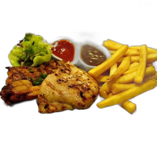 food, 3d render, photorealistic, plate, featuring, grilled, chicken, fries transparent PNG cut-out