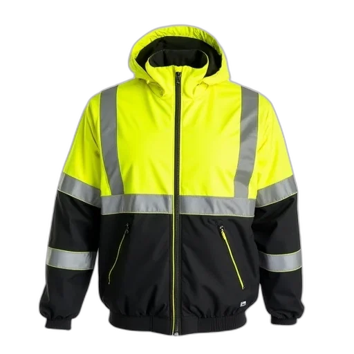 jacket, neon, yellow, black, high-visibility, safety, hood, displayed transparent PNG cut-out