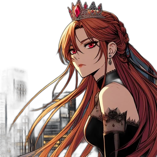 crown, staff, anime, concept art, pixel art, fantasy art, red, red-haired transparent PNG cut-out