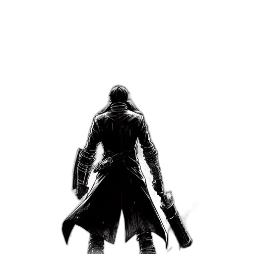 sword, weapon, jacket, comic book art, concept art, fantasy art, pixel art, dark transparent PNG cut-out