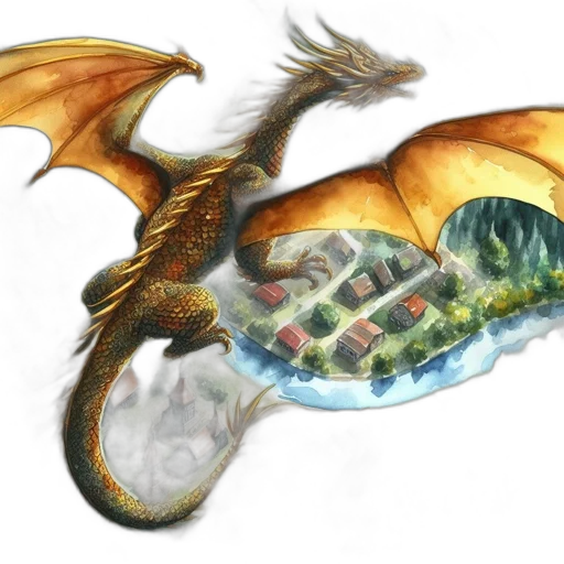 dragon, fantasy art, concept art, watercolor, photorealistic, majestic, gold-hued, soars transparent PNG cut-out