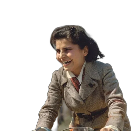 jacket, weapon, woman, rides, bicycle, wearing, light-colored, coat transparent PNG cut-out