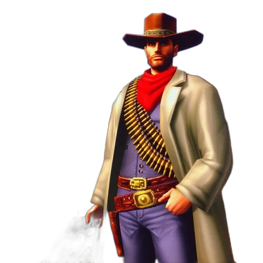 jacket, weapon, staff, hat, concept art, 3d render, pixel art, comic book art transparent PNG cut-out