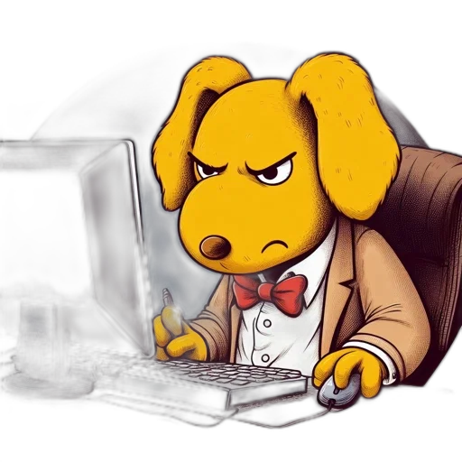 cartoon, anthropomorphic, golden, dog, formal, wear, sits, desk transparent PNG cut-out
