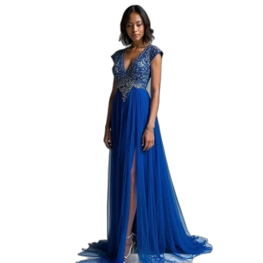 dress, blue, model, wearing, juno, beaded, cap, sleeved transparent PNG cut-out
