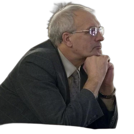 jacket, staff, face, older, man, glasses, suit, seated transparent PNG cut-out