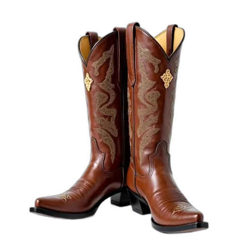 shoes, pair, brown, cowboy, boots, intricate, designs, upper transparent PNG cut-out