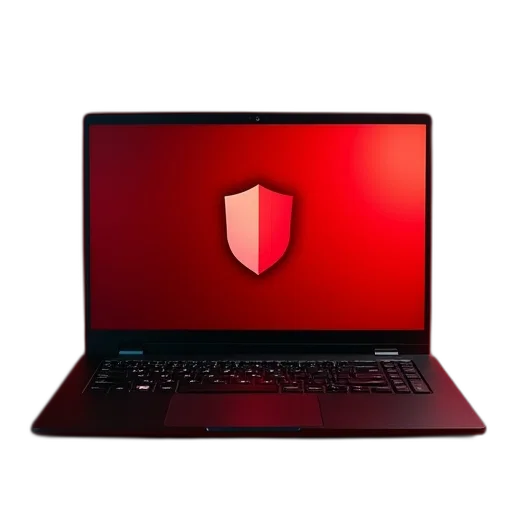 sleek, black, laptop, red, background, large, shield, logo transparent PNG cut-out
