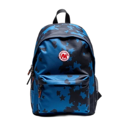 jacket, blue, black, patterned, backpack, handle, red, logo transparent PNG cut-out