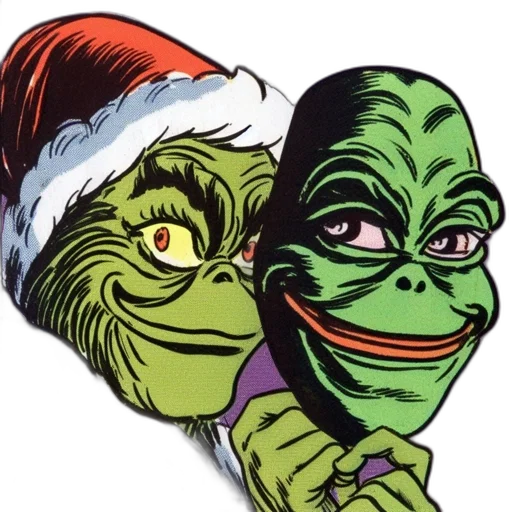mask, two, anthropomorphic, creatures, one, wears, grinch-like, costume transparent PNG cut-out