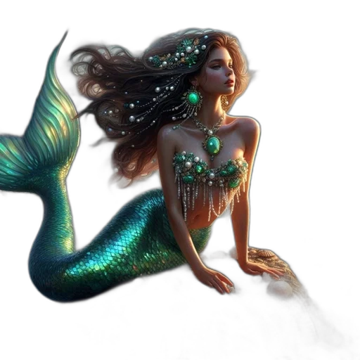 fantasy art, concept art, pixel art, photorealistic, underwater, green, golden, mermaid transparent PNG cut-out