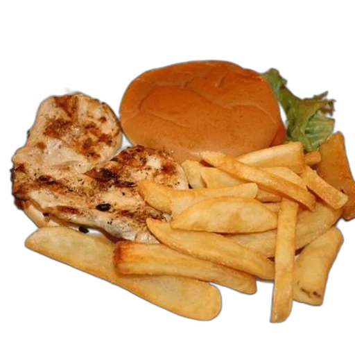 food, jacket, 3d render, photorealistic, plate, grilled, chicken, fries transparent PNG cut-out