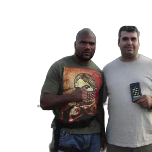 staff, two, men, pose, front, truck, one, wearing transparent PNG cut-out