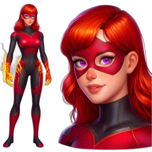 concept art, comic book art, 3d render, fantasy art, red, animated, female, superhero transparent PNG cut-out
