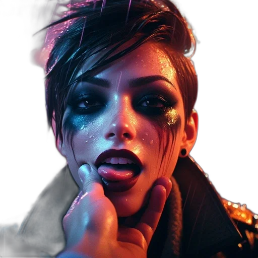 face, jacket, cyberpunk, photorealistic, concept art, fantasy art, neon lights, dark transparent PNG cut-out
