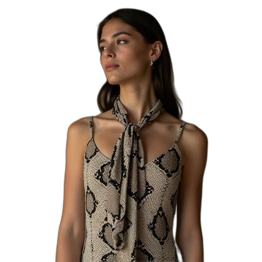 dress, jewelry, earth tones, model, wears, sleeveless, python, print transparent PNG cut-out