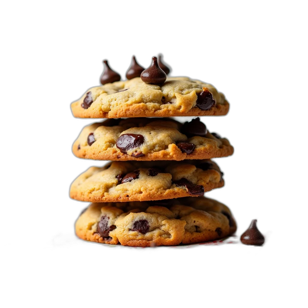 food, photorealistic, 3d render, dark, stack, three, chocolate, chip transparent PNG cut-out