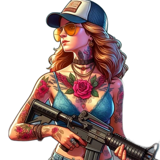 weapon, pixel art, concept art, comic book art, cartoon, armed, woman, wears transparent PNG cut-out