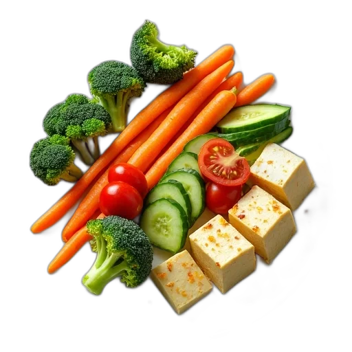 food, 3d render, plate, assorted, vegetables, tofu, presented, contains transparent PNG cut-out