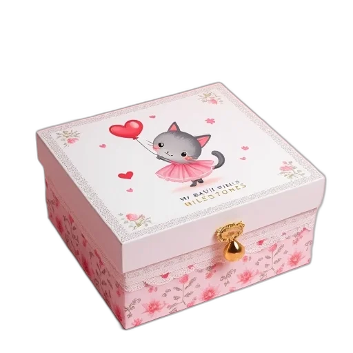 pink, white, box, cute, illustration, cat, dress, holding transparent PNG cut-out