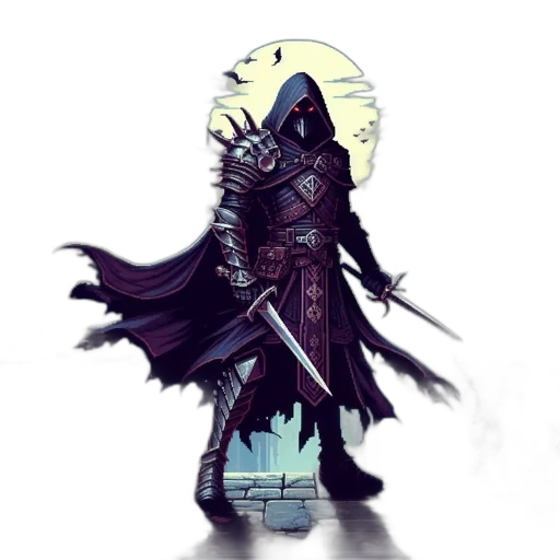 sword, staff, jacket, mask, concept art, fantasy art, pixel art, comic book art transparent PNG cut-out