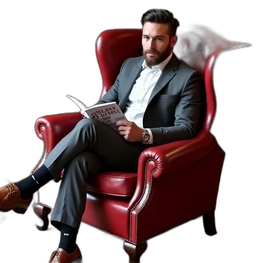 furniture, jacket, staff, concept art, photorealistic, 3d render, man, seated transparent PNG cut-out