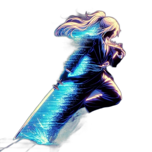 sword, hair, jacket, dress, concept art, vaporwave, comic book art, pixel art transparent PNG cut-out