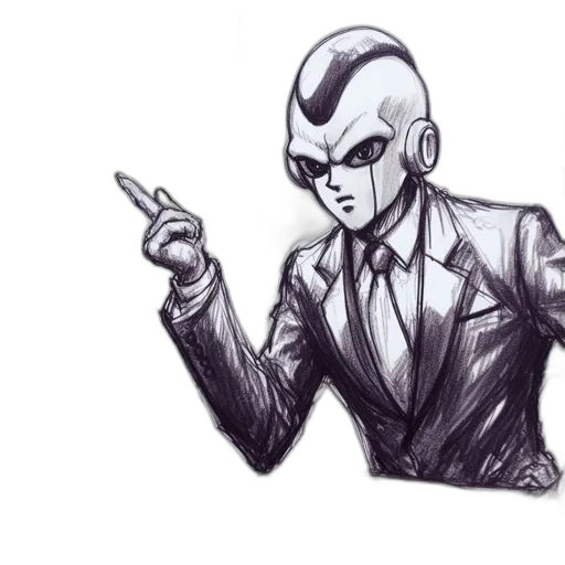 jacket, robot, concept art, comic book art, cartoon, cyberpunk, monochrome, courtroom transparent PNG cut-out