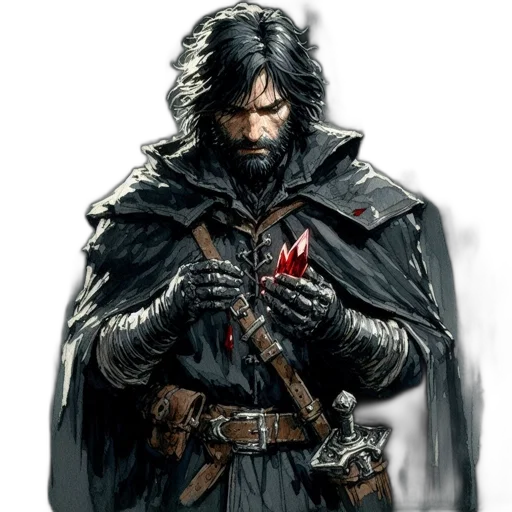 sword, weapon, jacket, concept art, fantasy art, comic book art, pixel art, dark transparent PNG cut-out