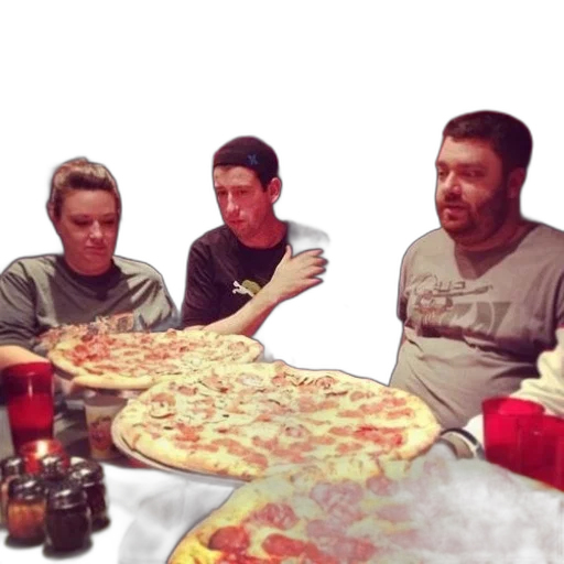 food, three, people, sit, table, large, pizzas, front transparent PNG cut-out