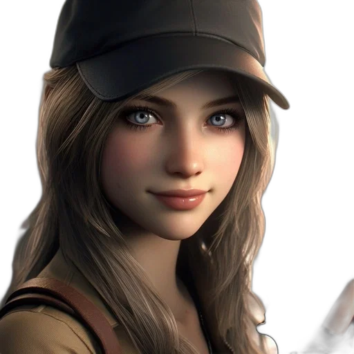 hat, face, photorealistic, fantasy art, concept art, 3d render, animated, female transparent PNG cut-out