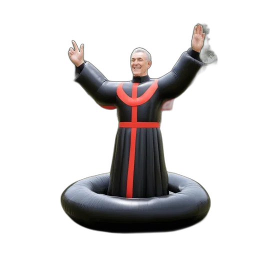 3d render, inflatable, man, figure, black, robe, raises, arms transparent PNG cut-out