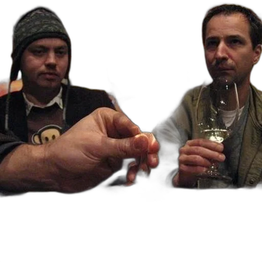 bottle, staff, jewelry, hat, fire, two, men, sit transparent PNG cut-out