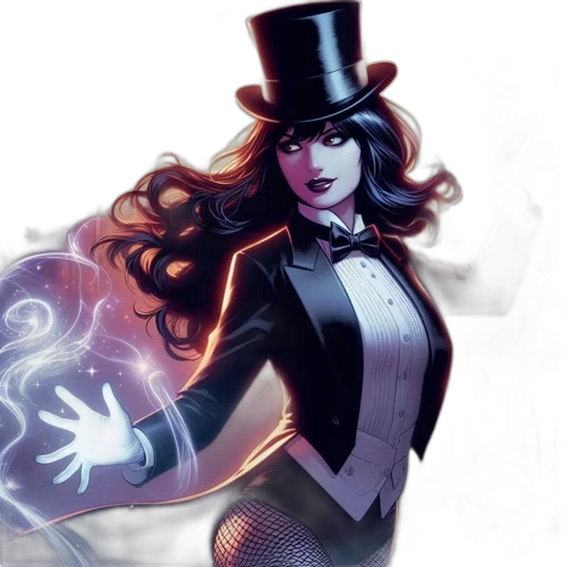 comic book art, concept art, fantasy art, woman, formal, suit, top, hat transparent PNG cut-out