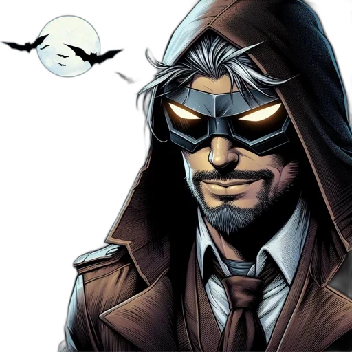 mask, comic book art, concept art, cartoon, bearded, cloaked, figure, yellow-eyed transparent PNG cut-out