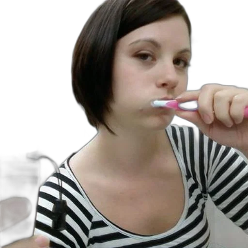 staff, photorealistic, woman, black, white, striped, shirt, brushing transparent PNG cut-out