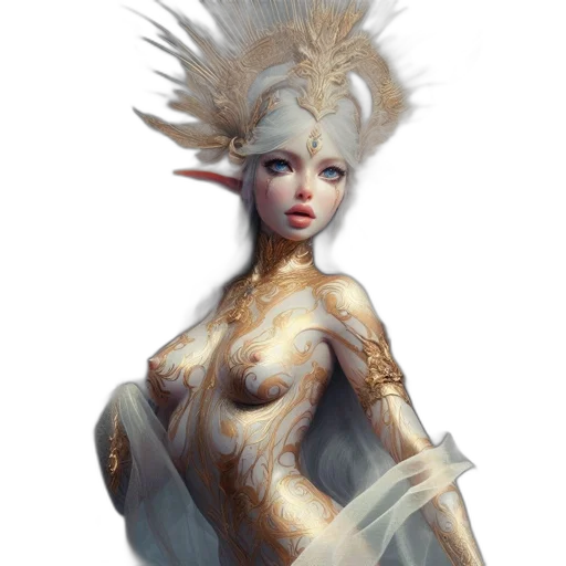 creature, dress, fantasy art, concept art, comic book art, photorealistic, golden, pastel transparent PNG cut-out
