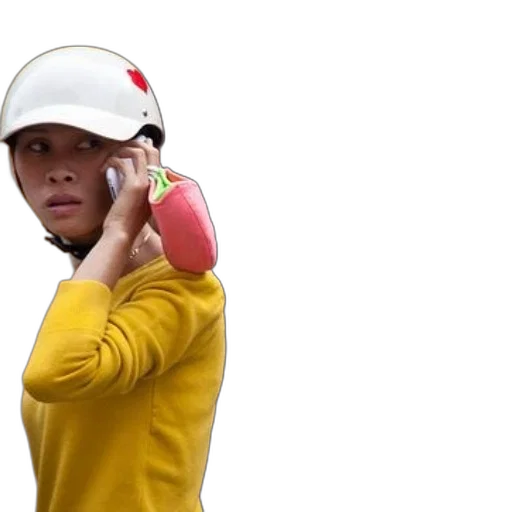 staff, hat, woman, yellow, sweater, talks, her, cell transparent PNG cut-out