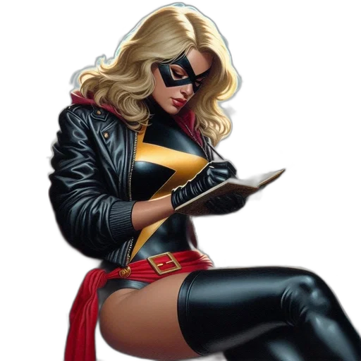 comic book art, concept art, fantasy art, cartoon, blonde-haired, female, superhero, sits transparent PNG cut-out