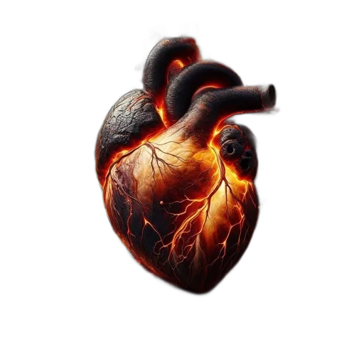 concept art, 3d render, photorealistic, heart, glows, fiery, hues, surrounded transparent PNG cut-out